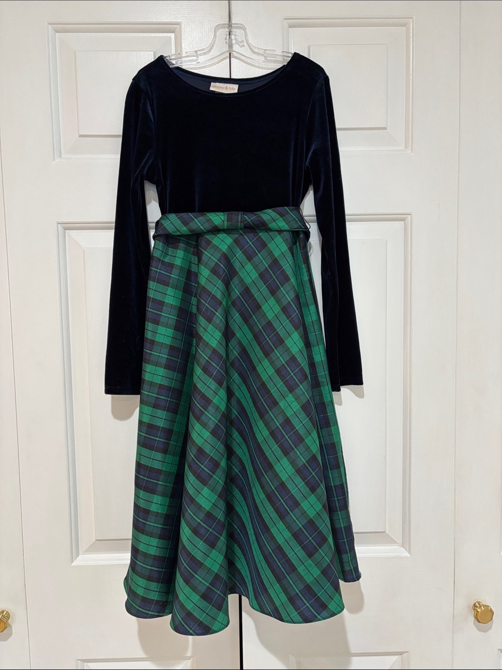 Jenny & Me Green & Navy Tartan Plaid Velvet Top A-Line Dress Girls Size 10 EU